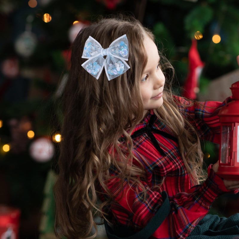 ميروكش مشابك شعر زرقاء على شكل فيونكة ندفة ثلجية للبنات والسيدات، قطعتان، 4 بوصات، شبك لامع، مشابك شعر على شكل فيونكة من التول، إكسسوارات شعر للأطفال والمراهقين، مناسبة لأعياد الميلاد وحفلات الزفاف، هدية مثالية لعيد الميلاد - Image 3